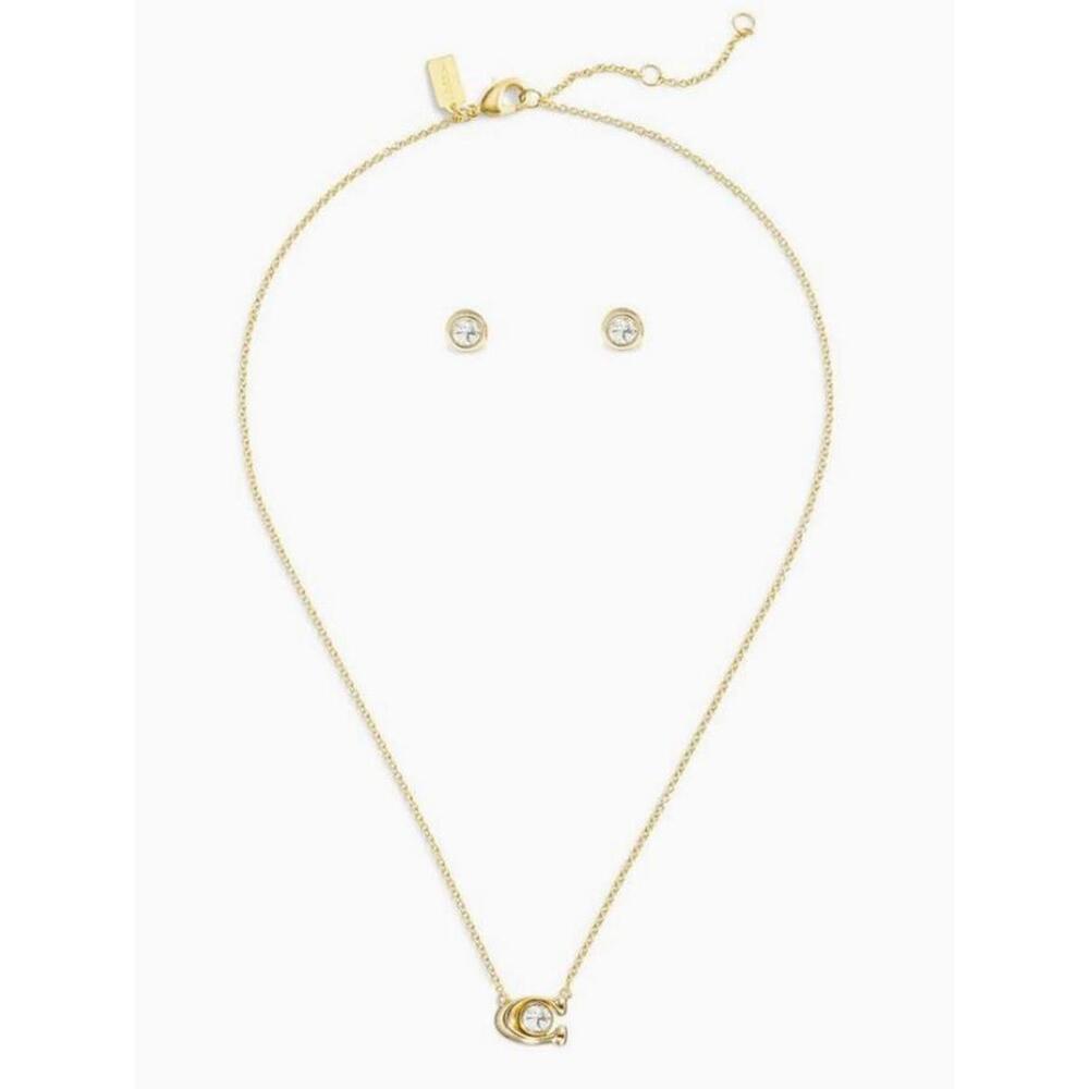 Coach Signature C Necklace & Stud Earrings Set Gold Tone Crystal Logo New - Picture 2 of 5